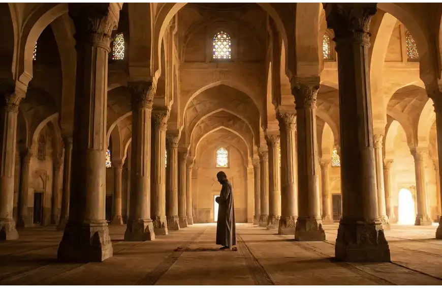 A silhouette of a Muslim man performing Salah surrounded by grand mosque pillars, representing the structural Rukun of prayer in Islam.