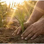 Close-up photo of soiled hands planting a small green date palm shoot into dark soil during a golden sunrise, symbolizing Islamic environmental stewardship and hope.