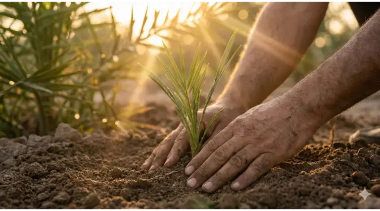 Close-up photo of soiled hands planting a small green date palm shoot into dark soil during a golden sunrise, symbolizing Islamic environmental stewardship and hope.
