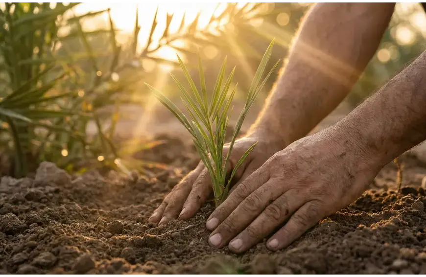 Shafi'i School of Jurisprudence: The Complete Guide to Islamic Law, Prayers, and Tasawuf 21 Close-up photo of soiled hands planting a small green date palm shoot into dark soil during a golden sunrise, symbolizing Islamic environmental stewardship and hope.