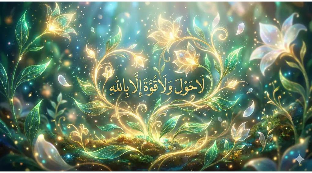 A beautiful fantasy illustration of glowing, golden plants sprouting in a lush garden, representing the kalimat hauqolah as the magnificent plants of Paradise.
