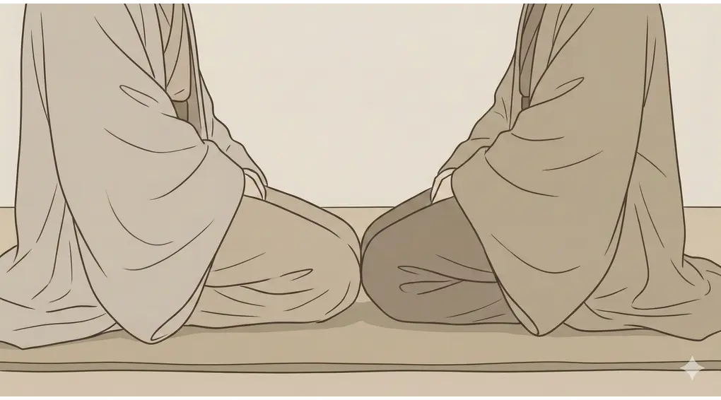 Ilustrasi adab duduk penuntut ilmu, lutut bertemu lutut seperti Malaikat Jibril di hadapan Rasulullah.