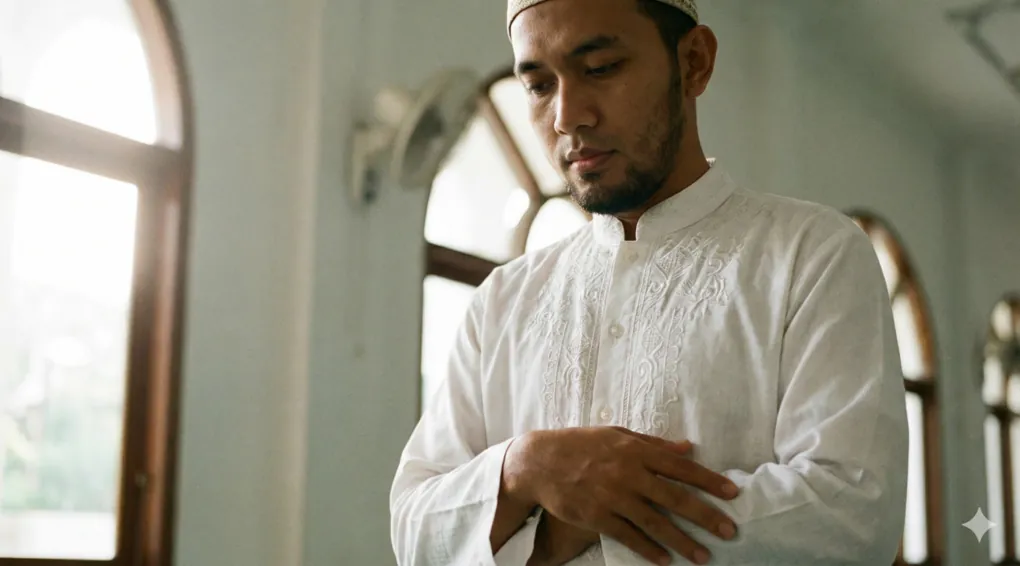 A Muslim standing humbly with folded hands, showing the correct posture while reciting the Iftitah prayer during Salah.