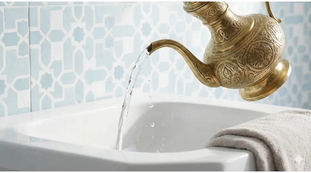 The Meaning of Fiqh: Understanding Islamic Law in Daily Life 3 Clear water pouring from an ornate traditional brass pitcher into a clean basin for ablution (wudu), against a patterned Islamic tile background.
