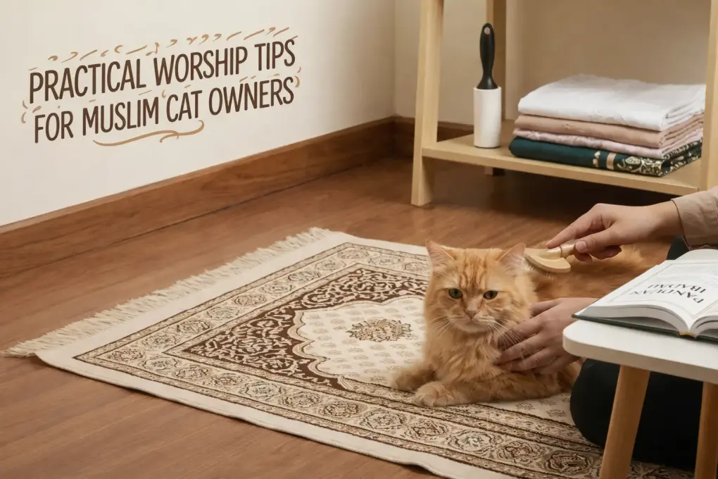 The Islamic Ruling on Cat Hair: Is It Najis During Prayer? 2 Illustration showing a Muslim cat owner grooming a cat near a prayer rug as part of practical worship preparation.