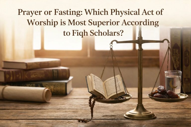 Home 1 Illustration comparing prayer and fasting as acts of worship in Islamic jurisprudence, symbolized by a balance scale with the Quran and dates.
