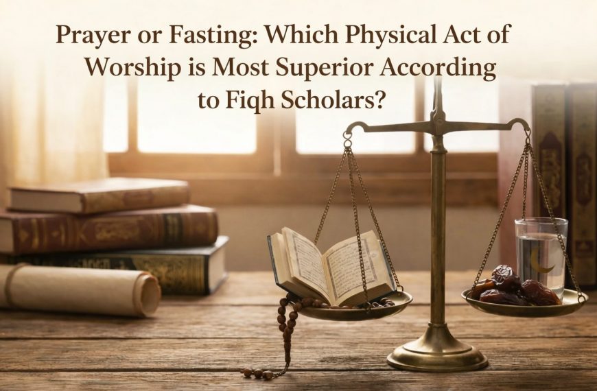 Illustration comparing prayer and fasting as acts of worship in Islamic jurisprudence, symbolized by a balance scale with the Quran and dates.