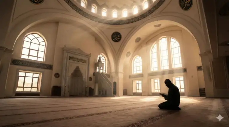 Foto sudut lebar interior masjid megah dengan cahaya matahari yang menembus masuk melalui kubah dan jendela, memperlihatkan siluet seorang pria Muslim duduk khusyuk membaca Al-Qur'an dalam suasana hening i'tikaf.
