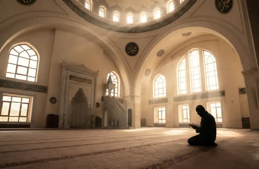 Home 13 Foto sudut lebar interior masjid megah dengan cahaya matahari yang menembus masuk melalui kubah dan jendela, memperlihatkan siluet seorang pria Muslim duduk khusyuk membaca Al-Qur'an dalam suasana hening i'tikaf.
