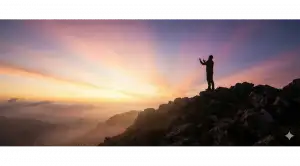 Home 35 A silhouette of a man making dua at sunrise on a mountain, symbolizing Prophet Adam's sincere repentance and prayer for forgiveness.