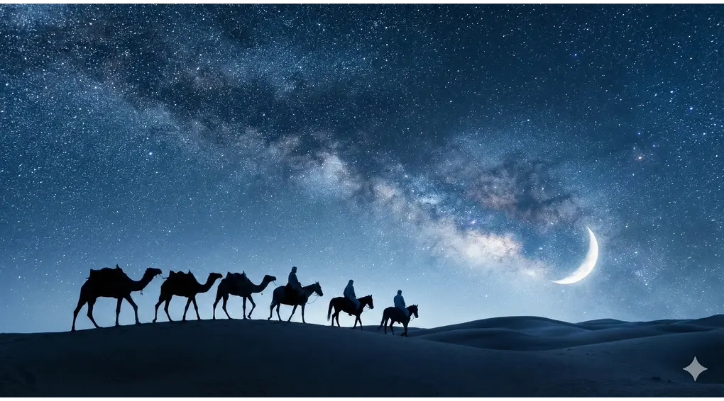 Silhouettes of camels and riders crossing the desert dunes under a starry night sky with a crescent moon, symbolizing the Prophet's Hijrah to Medina, the starting point of the Hijri calendar.