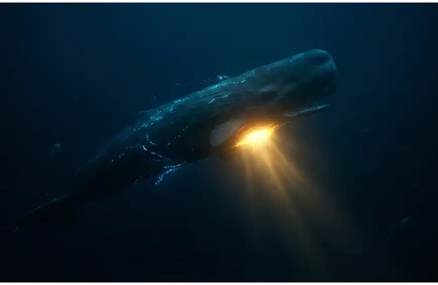 A massive whale in the deep, dark ocean with a bright spiritual light glowing from inside its belly, symbolizing Prophet Yunus's prayer.