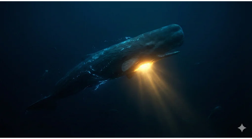 A massive whale in the deep, dark ocean with a bright spiritual light glowing from inside its belly, symbolizing Prophet Yunus's prayer.