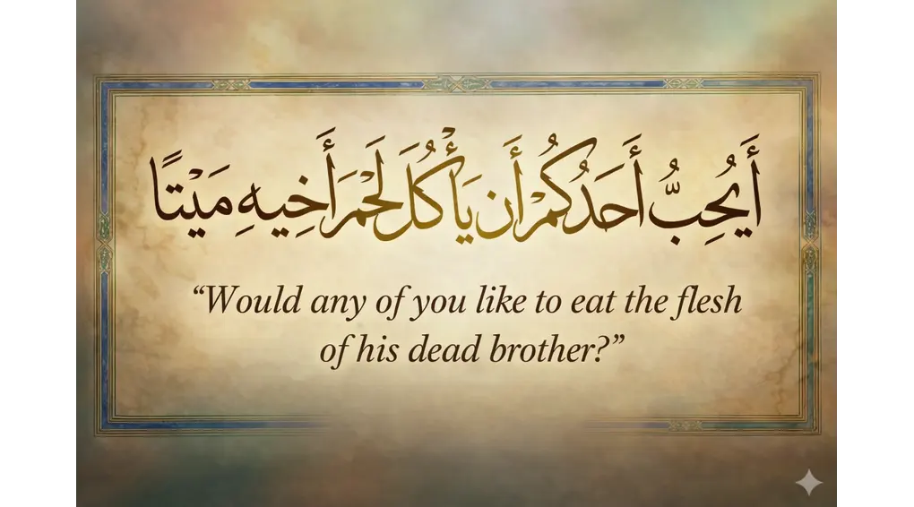What is Ghibah? Definition, Punishment, and How to Repent (Al-Ghazali's Guide) 3 Quran verse from Surah Al-Hujurat 49:12 comparing backbiting to eating the flesh of a dead brother.