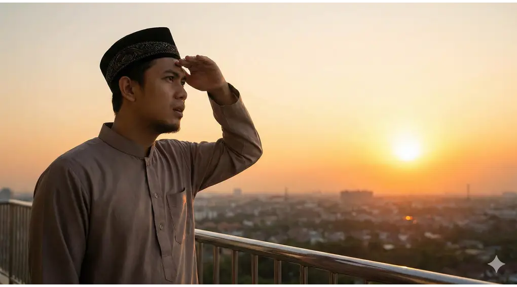Seorang pria Muslim di balkon memandang matahari terbenam dengan tangan di dahi untuk memastikan waktu berbuka.
