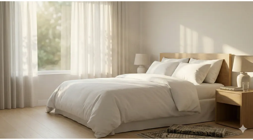 Emission of Semen Without Touch While Fasting: An Analysis of Asna al-Matalib 2 Neat minimalist daytime bedroom with soft sunlight streaming through a large window with open sheer curtains. Clean bed with white sheets.