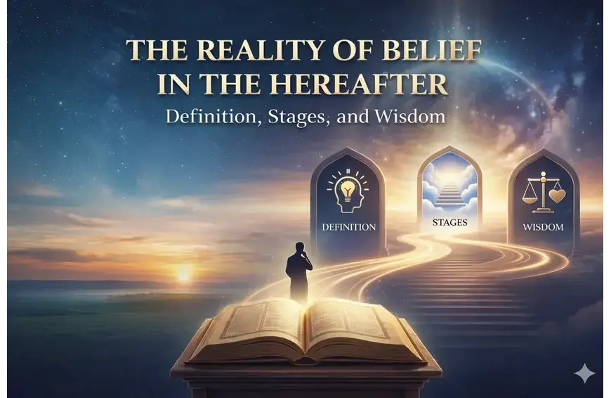 Illustration explaining the reality of belief in the Hereafter in Islam including its definition, stages, and wisdom.