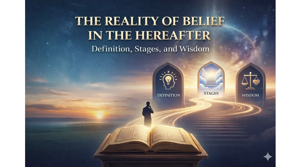 Illustration explaining the reality of belief in the Hereafter in Islam including its definition, stages, and wisdom.