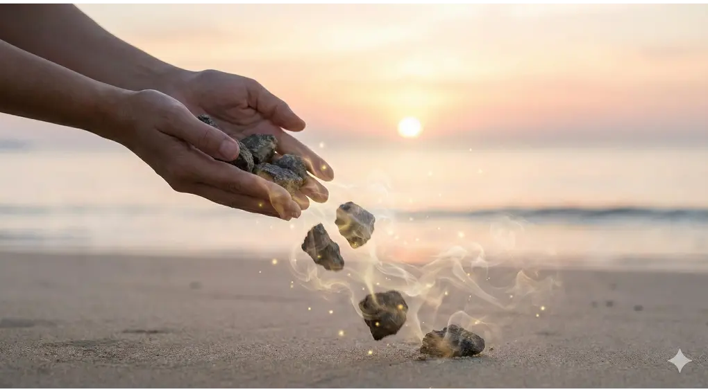 A conceptual photograph of hands gently dropping heavy stones that transform into glowing light particles against a sunrise backdrop, symbolizing the release of stress and worldly burdens through reliance on Allah.