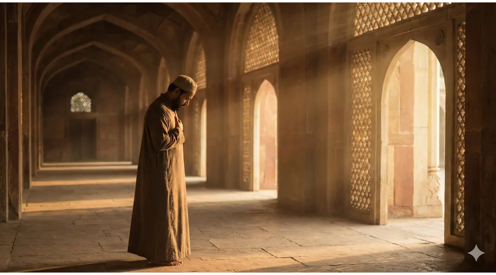 Secrets of Accepted Prayer: A Complete Guide to the Etiquette of Supplication According to Imam Al-Ghazali and An-Nawawi 4 A Muslim man standing in a grand classical mosque corridor with his head bowed and hand on his chest, symbolizing deep repentance and reflection.