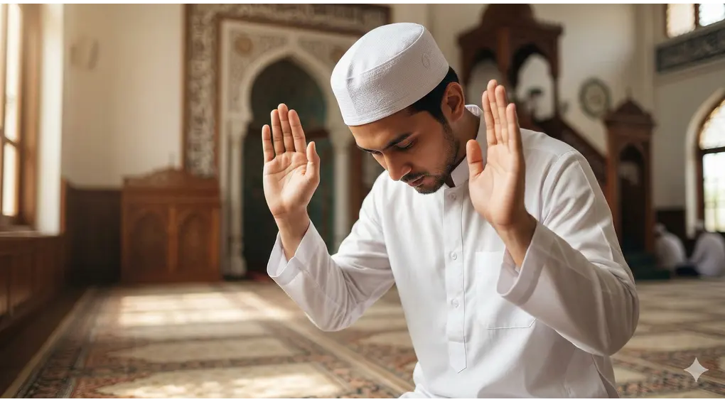 How to Perform I'tidal in Salah: A Complete Shafi'i Guide 2 Close-up of a Muslim man rising from bowing in prayer, elegantly raising his hands parallel to his shoulders while looking down at the place of prostration.