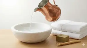 Home 7 A traditional copper jug pouring clear, fresh water into a white marble basin, accompanied by clean white towels, olive soap, and a miswak stick on a wooden surface, symbolizing preparation for Islamic ritual purification.