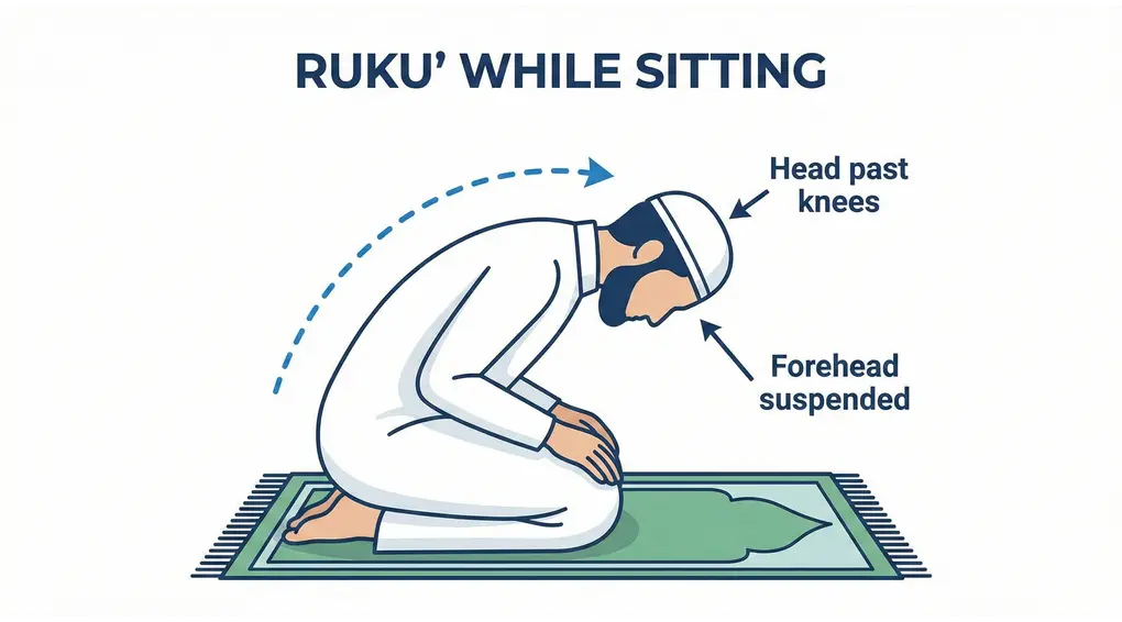 A diagram illustrating the correct degree of bowing (Ruku) for a person praying while sitting, showing the head leaning forward past the knees without touching the floor.