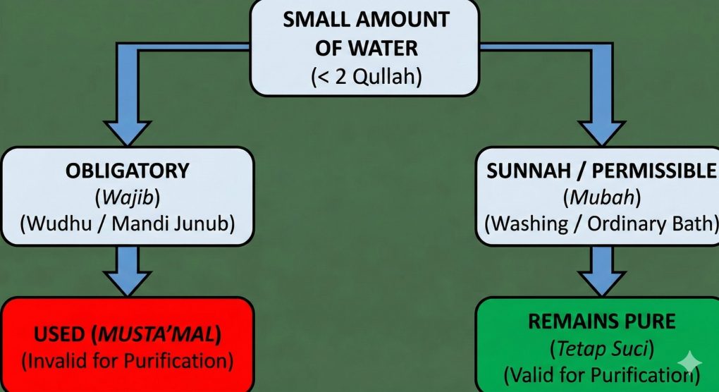 Musta'mal Water in Islam: Intention, Children, and the "Ightiraf" Dilemma 3 A flowchart explaining the ruling of Musta'mal water in Islam based on the volume being less than 2 Qullah.