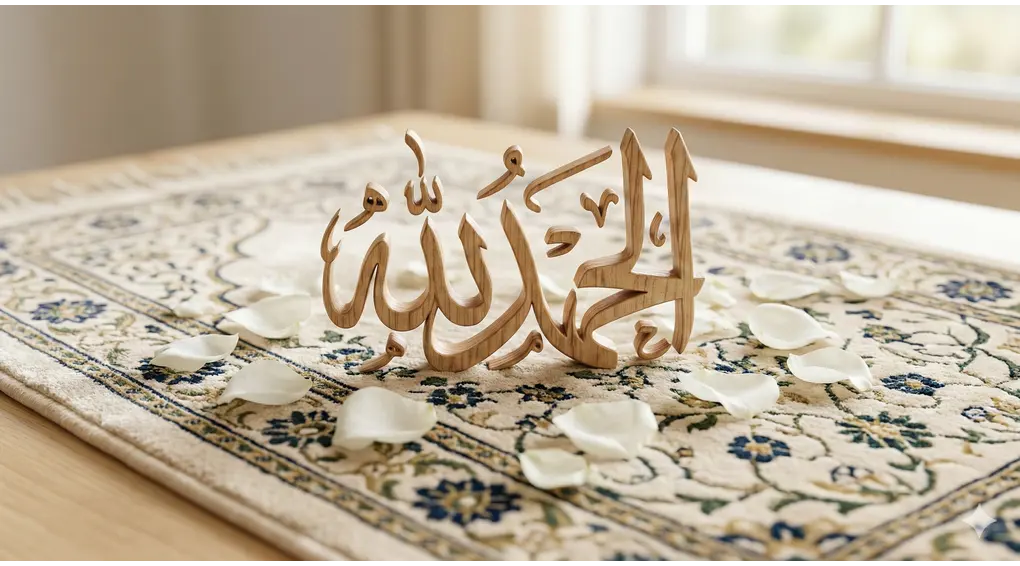 Exploring the Meaning of Hamdalah and Shukr in the Book of I'anah at-Talibin 3 A beautifully carved wooden Arabic calligraphy of "الحمد لله" (Alhamdulillah) gently resting on a thick, clean prayer rug (sajadah) with an elegant floral and geometric pattern. It is illuminated by natural daylight and surrounded by a few pristine white rose petals, signifying the sanctity of the praise.