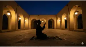 Home 33 A lone Muslim kneeling in supplication on a prayer mat inside a mosque courtyard during the last third of the night, representing Salatul Hajah.