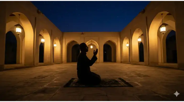 Home 1 A lone Muslim kneeling in supplication on a prayer mat inside a mosque courtyard during the last third of the night, representing Salatul Hajah.