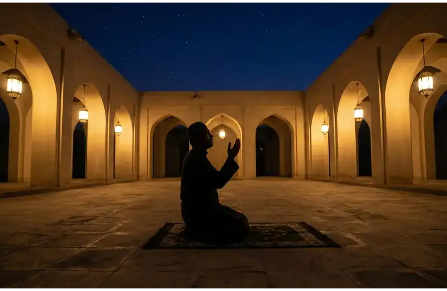 A lone Muslim kneeling in supplication on a prayer mat inside a mosque courtyard during the last third of the night, representing Salatul Hajah.