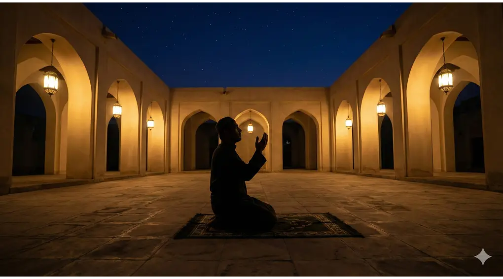 A lone Muslim kneeling in supplication on a prayer mat inside a mosque courtyard during the last third of the night, representing Salatul Hajah.