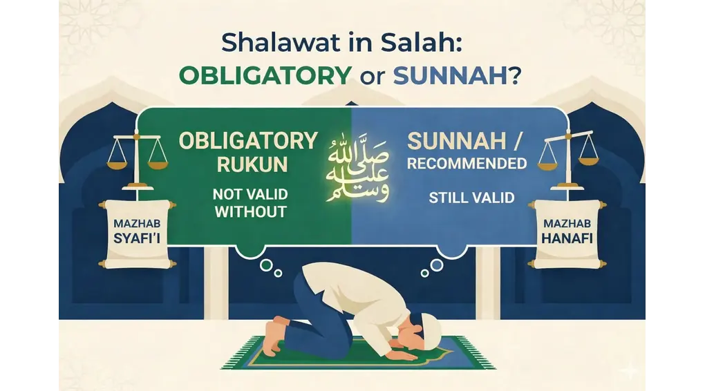 The True Meaning of Salawat and Its Ruling: The Key to Valid Prayer 2 Infographic explaining whether salawat in salah is obligatory or sunnah according to the Shafi'i and Hanafi madhhabs.