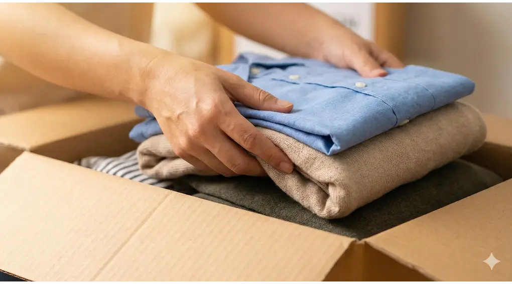 Ilustrasi tangan seseorang memasukkan pakaian terlipat ke dalam kotak kardus untuk donasi.