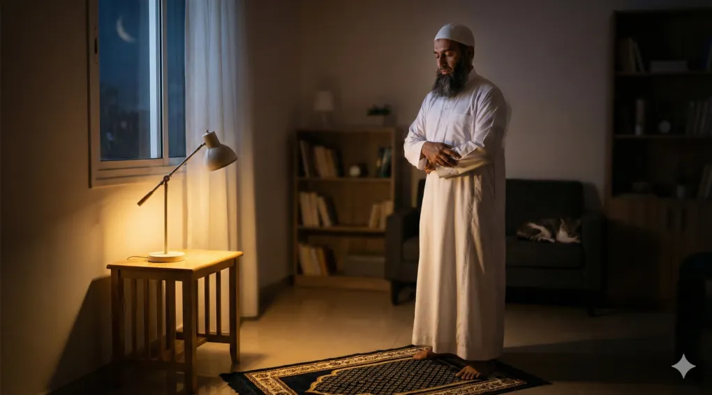 A Muslim man praying Tahajjud alone at night, an ideal time recommended to prolong the Iftitah prayer by combining variations.