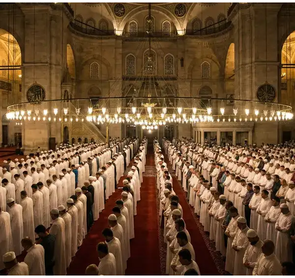 Ribuan jamaah pria berbaris rapi melaksanakan shalat Tarawih berjamaah di dalam interior masjid agung yang megah dengan cahaya keemasan pada malam Ramadhan.