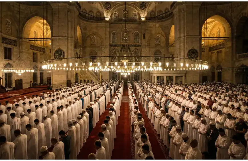Home 1 Ribuan jamaah pria berbaris rapi melaksanakan shalat Tarawih berjamaah di dalam interior masjid agung yang megah dengan cahaya keemasan pada malam Ramadhan.