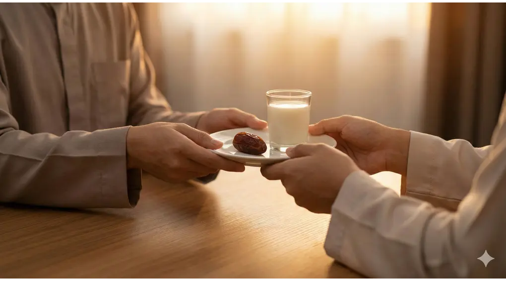 The Immense Reward of Providing Iftar: Liberation from Hellfire & Special Supplications 2 Hands offering a small plate with a single date and a glass of milk to another person at iftar time.