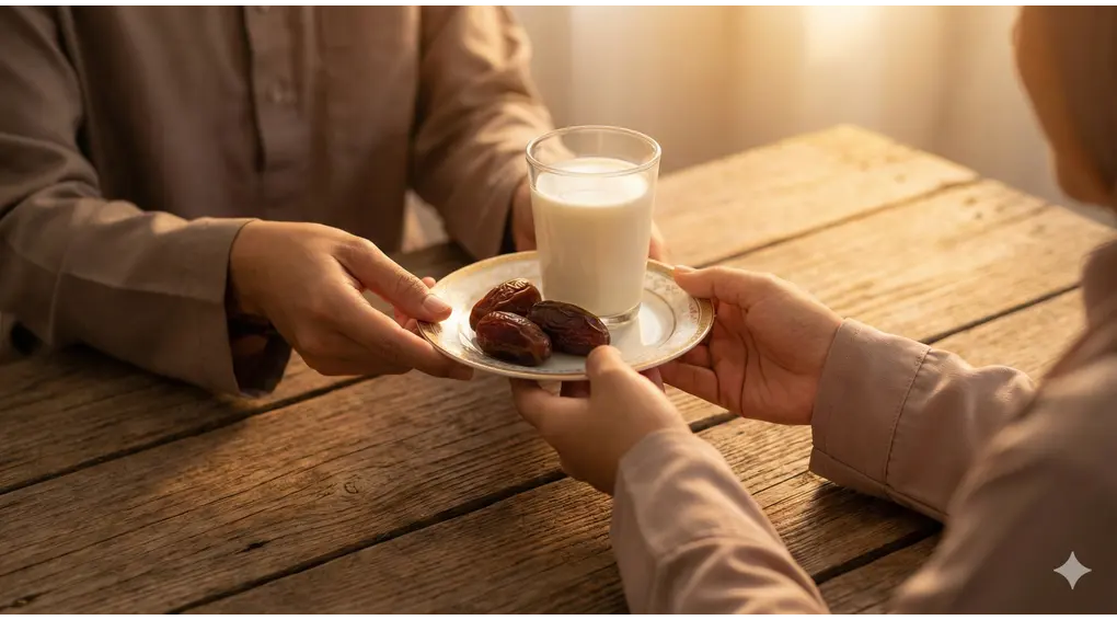 Prophet's Ramadan Sermon: The Hadith of Salman al-Farisi & the Virtues of Fasting 3 Two pairs of hands sharing a small plate containing dates and a glass of milk across a rustic wooden table during the golden hour of iftar.