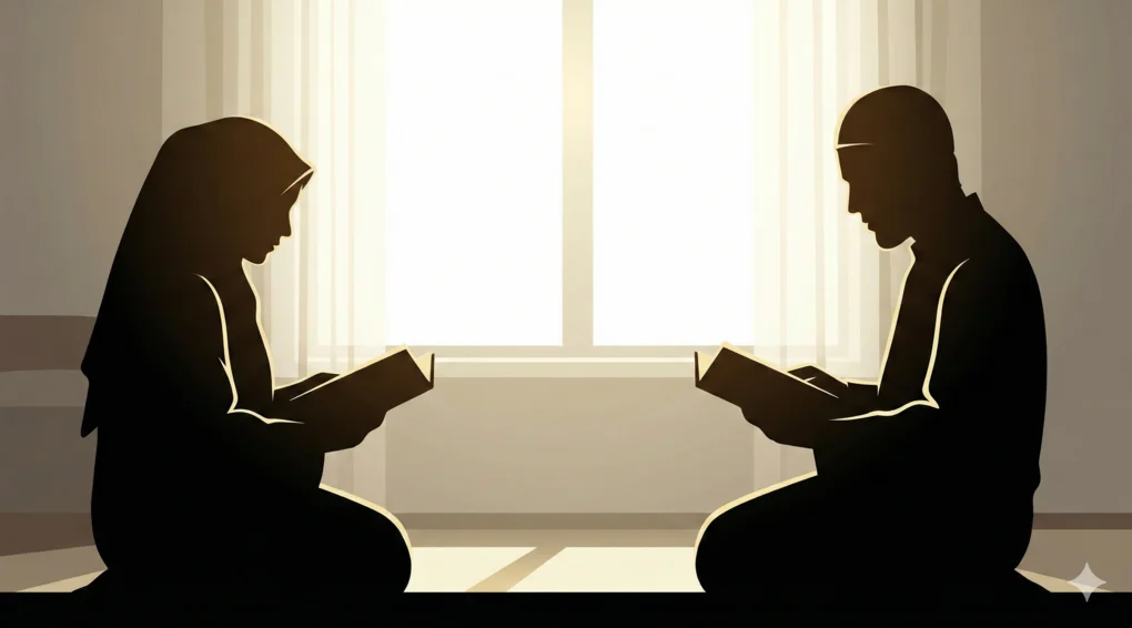 Things That Invalidate Fasting: A Comprehensive Guide (Asna al-Matalib) 2 Silhouette of a Muslim woman in a hijab and a Muslim man in a kufi cap, sitting on prayer mats and reading books in front of a large, backlit window.