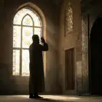 Silhouette of a Muslim man standing upright raising both hands performing takbiratul ihram inside a mosque illuminated by dramatic morning sunlight.
