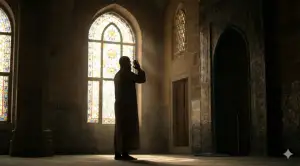 Home 13 Silhouette of a Muslim man standing upright raising both hands performing takbiratul ihram inside a mosque illuminated by dramatic morning sunlight.