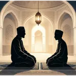 Prophet's Teaching Method in Hadith Jibril: Analysis of Al-Fath Al-Mubin Silhouetted figures of a man and a young boy sitting respectfully on prayer mats inside a quiet mosque, facing each other for learning.