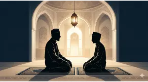 Home 3 Silhouetted figures of a man and a young boy sitting respectfully on prayer mats inside a quiet mosque, facing each other for learning.