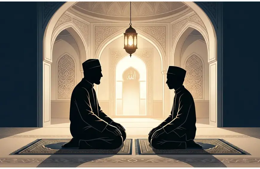 Silhouetted figures of a man and a young boy sitting respectfully on prayer mats inside a quiet mosque, facing each other for learning.