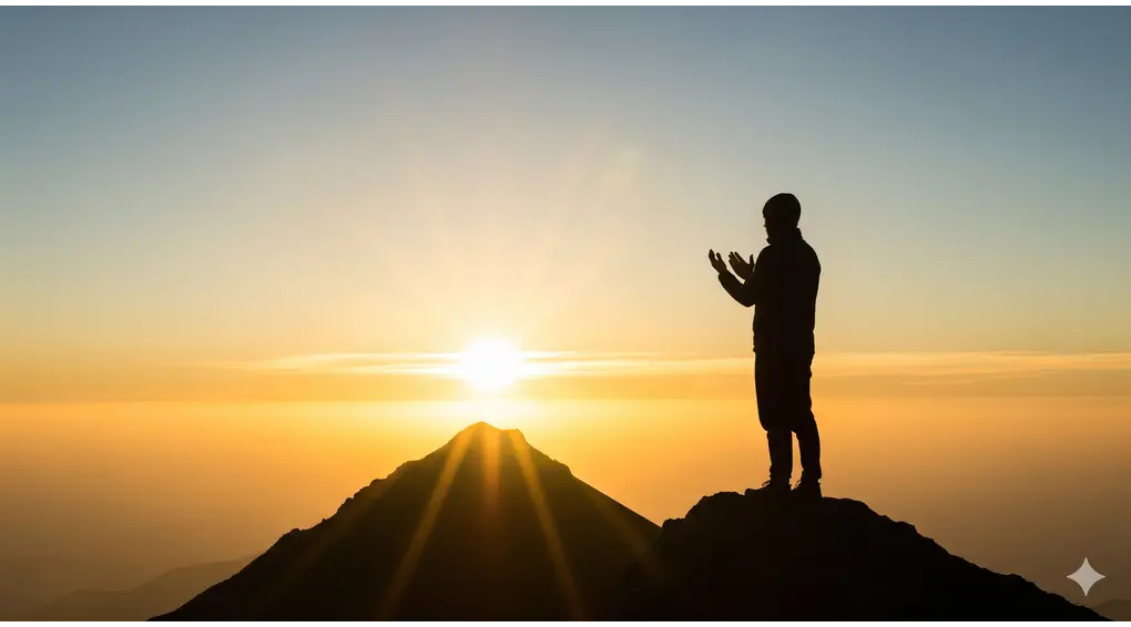 A silhouette of a Muslim praying with raised hands on a mountain at sunrise, symbolizing hope within the requirements of sincere repentance (taubatan nasuha).