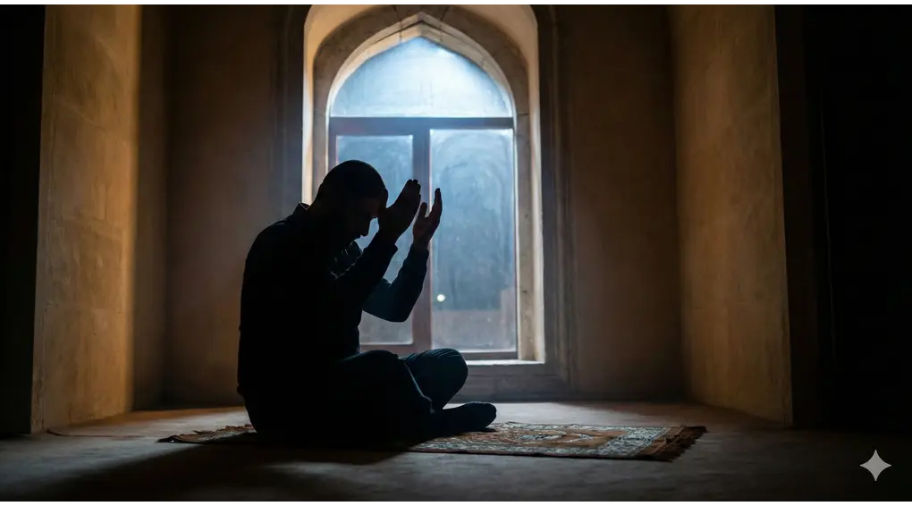 The Ruling and Number of Rak'ahs in Tarawih Prayer: A Shafi'i Fiqh Perspective 2 Silhouette of a lone Muslim man sitting in a quiet mosque corner at night, raising hands in earnest supplication (dua) near an arched window.