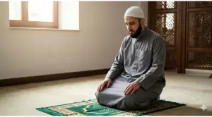 Home 29 A Muslim man or woman in modest attire (hijab and covering the aurat) sitting in a quiet, sunlit corner of a mosque or prayer room. They are in a state of deep reflection or holding their hands in a quiet dua.