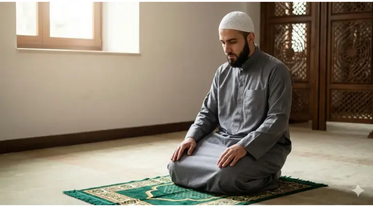 Shafi'i School of Jurisprudence: The Complete Guide to Islamic Law, Prayers, and Tasawuf 1 A Muslim man or woman in modest attire (hijab and covering the aurat) sitting in a quiet, sunlit corner of a mosque or prayer room. They are in a state of deep reflection or holding their hands in a quiet dua.